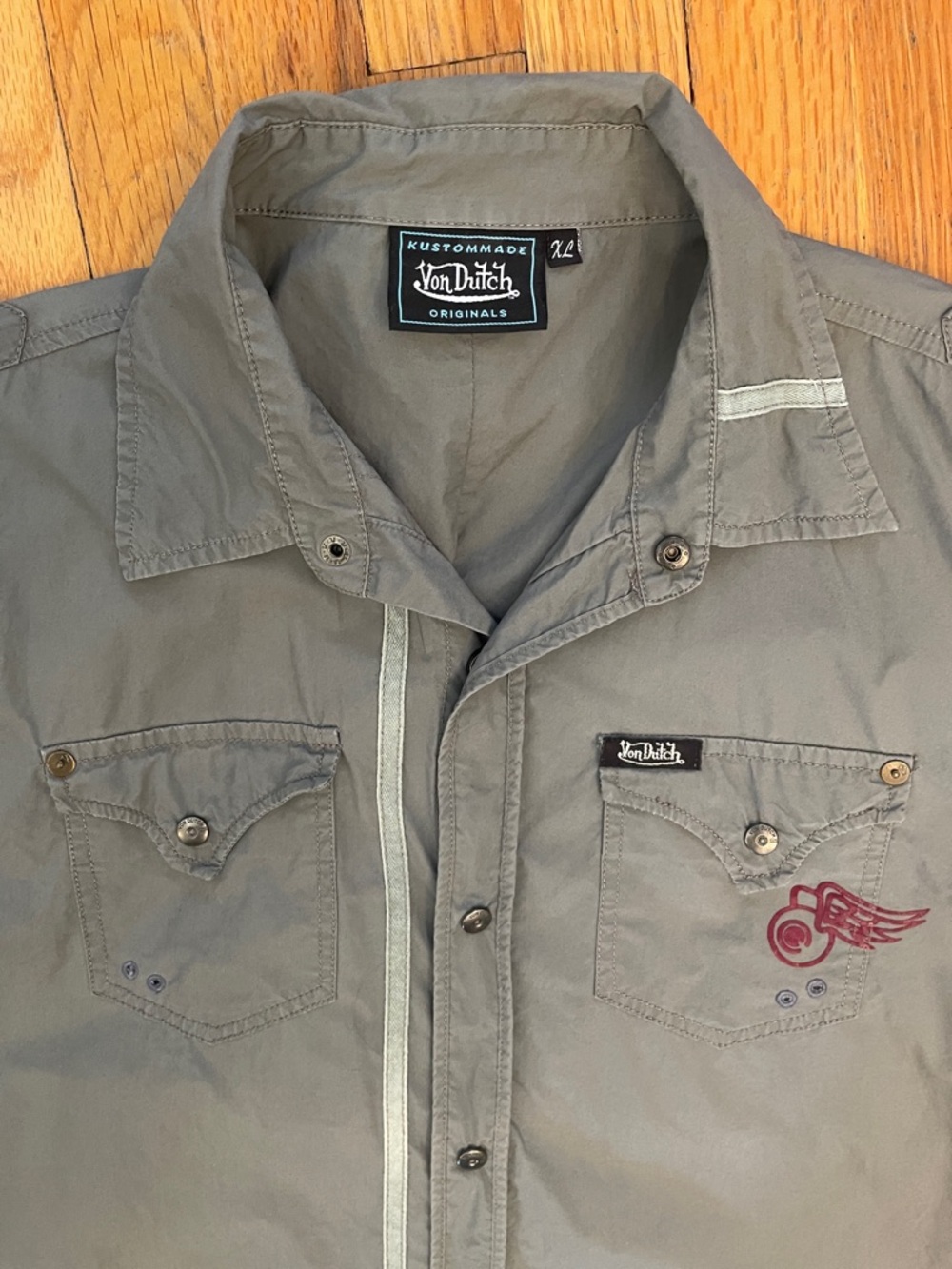 VON DUTCH Vintage Y2K Khaki-Gray Casual Button-Up Urban Military-Inspired Shirt